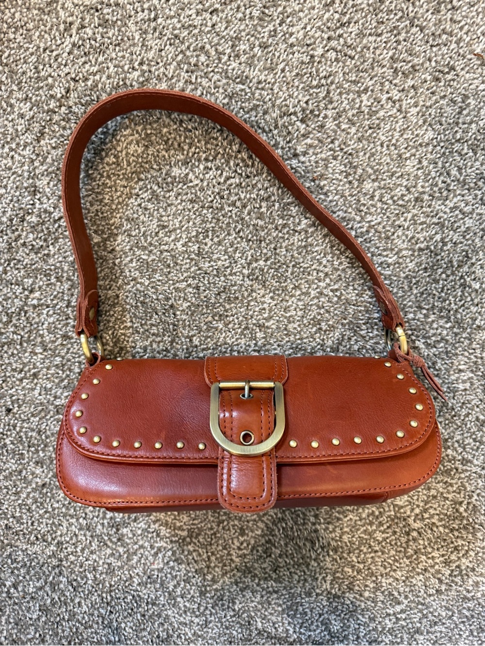 Rust Brown Leather Shoulder Bag with Gold Stud Accents